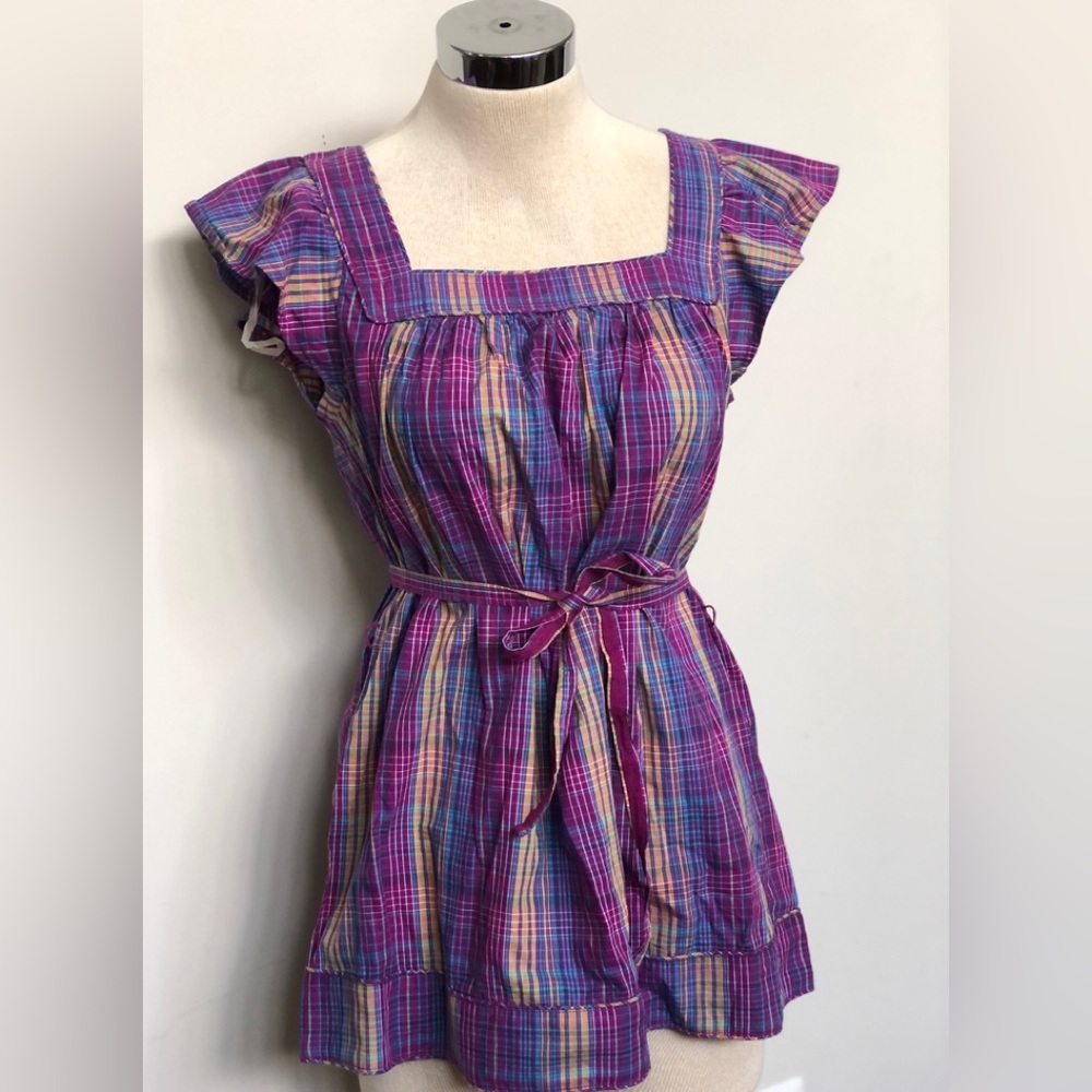 Vintage Ocean Pacific (OP) Plaid Ruffle Sleeves Square Neck Top